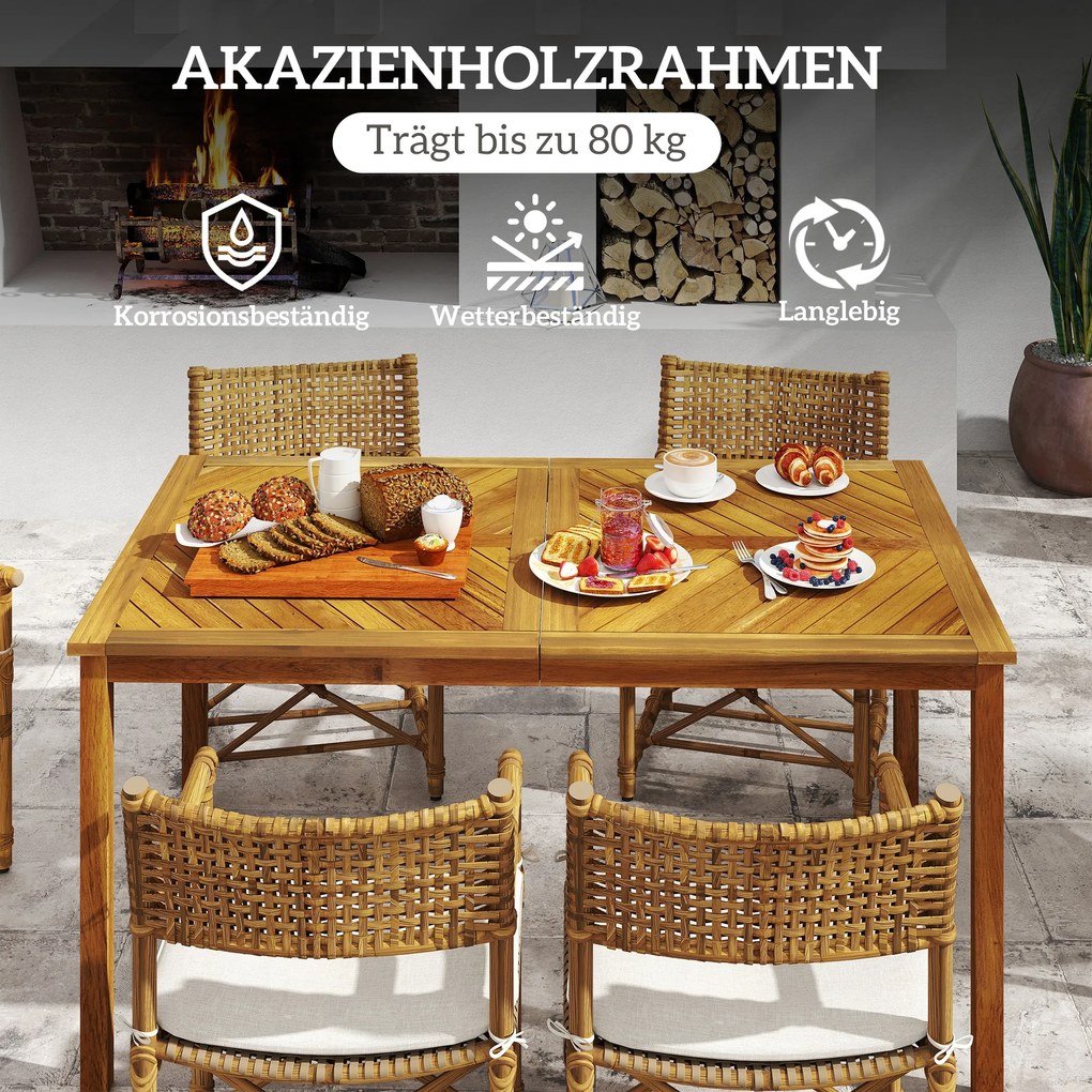 Outsunny Składany stół ogrodowy 150x85cm, Wodoodporny stół balkonowy z drewna, 6-osobowy z otworem na parasol, Design z lamelami Teak