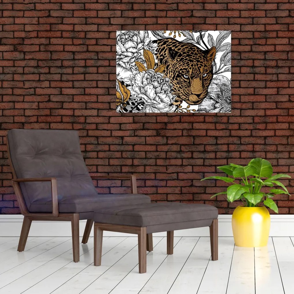 Obraz - Lampart pośród kwiatów (70x50 cm)