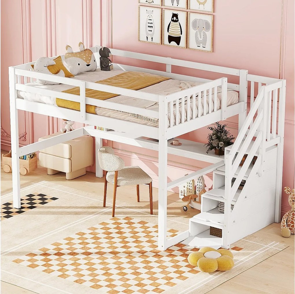 Łóżko piętrowe 140 x 200 cm – z szufladami i biurkiem – biała sosna – materac nie jest wliczony w cenę
