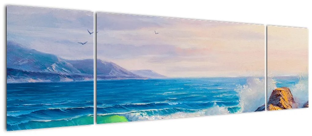 Obraz fal uderzających w klify, obraz olejny (170x50 cm)
