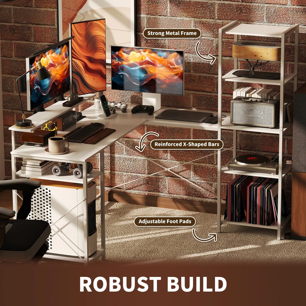 HOMCOM L-kształtne biurko narożne z zintegrowanym gniazdkiem, stojakiem na monitor i półką na przechowywanie, biały