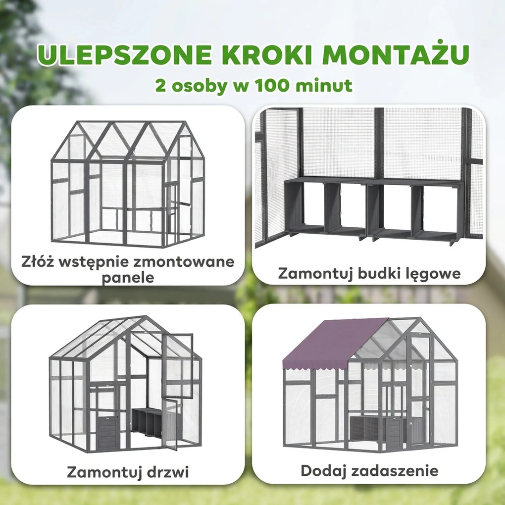 PawHut Wybieg dla kur z wodoodpornym dachem, 2 budki lęgowe, 2 siedzenia, dla 6-8 kur, ok. 1,7 x 1,8 x 1,8 m
