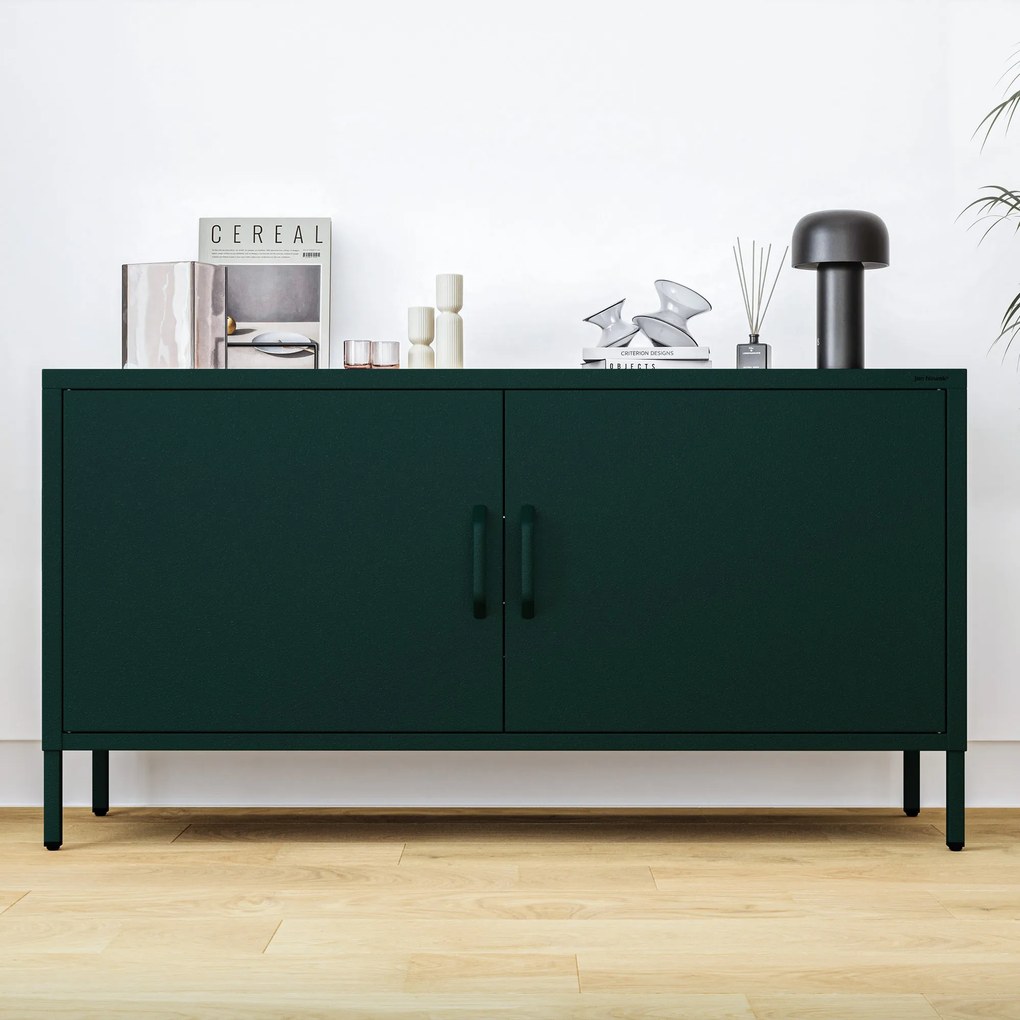 Szafka RTV metalowa na nóżkach butelkowa zieleń Modern ROSA, 1150 x 595 x 400 mm