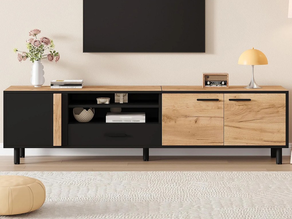 Meble TV 180x32.5x50 cm - 3 drzwi i 1 szuflada - Półotwarte przechowywanie - Płyta wiórowa - Czarny i naturalny