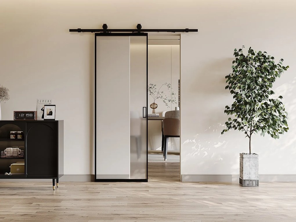 Drzwi przesuwne naścienne - aluminium i matowe szkło hartowane - wys. 205 x szer. 93 cm - LINCI II