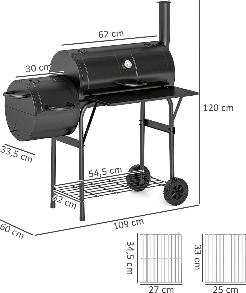 Outsunny Grill węglowy ze stali BBQ Smoker z pokrywą, termometrem, kołami, dopływem powietrza i wanienką na węgiel