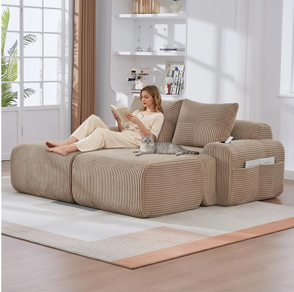 Sofa modułowa 2-osobowa - 200 x 174 x 80 cm - z 2 pufami + uchwytami na kubki + kieszenią do przechowywania - aksamit - khaki