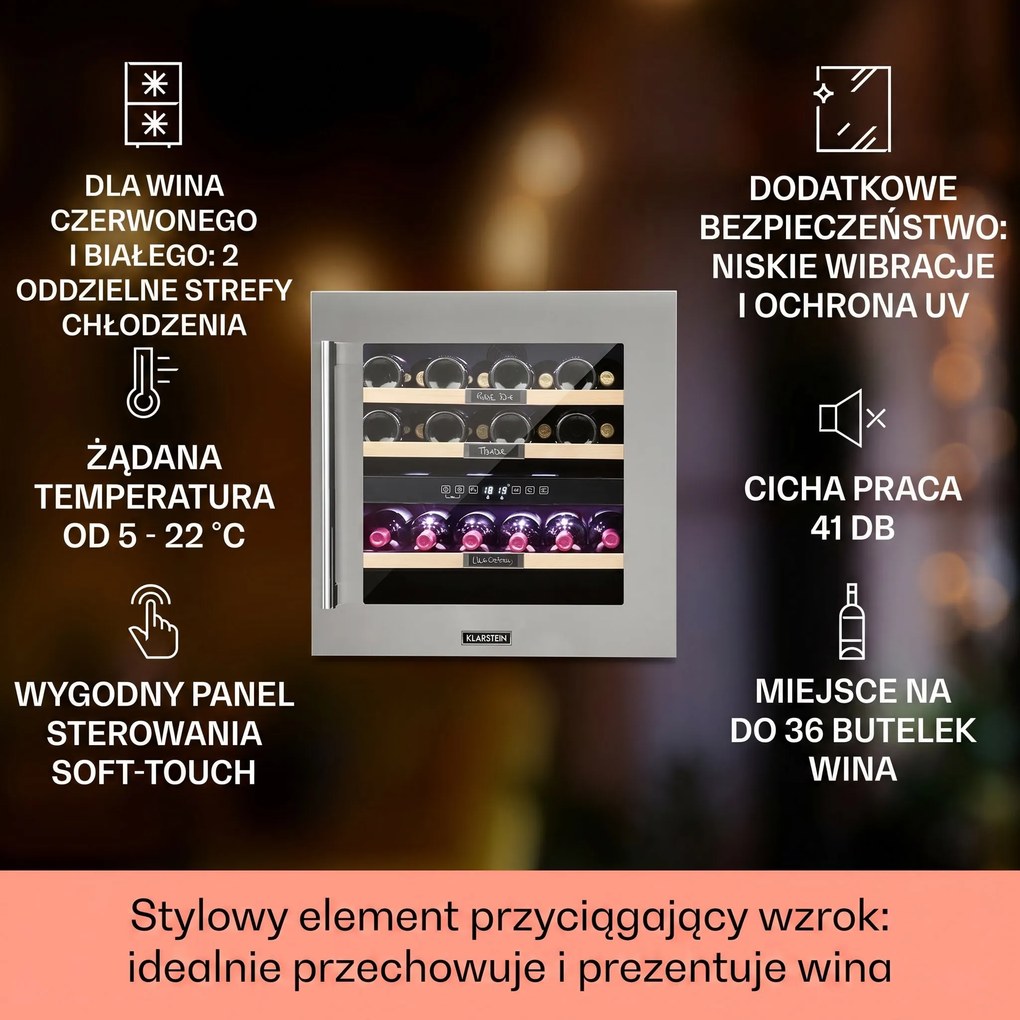 Klarstein Vinsider 60cm 36 Butelek Winiarka do Zabudowy 2 Strefy Srebrny