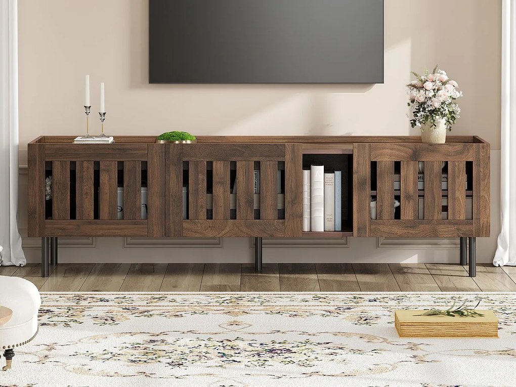 Meble pod TV 160x40x47 cm - z 3 frontami - ażurowy design - MDF + metal - Brązowy