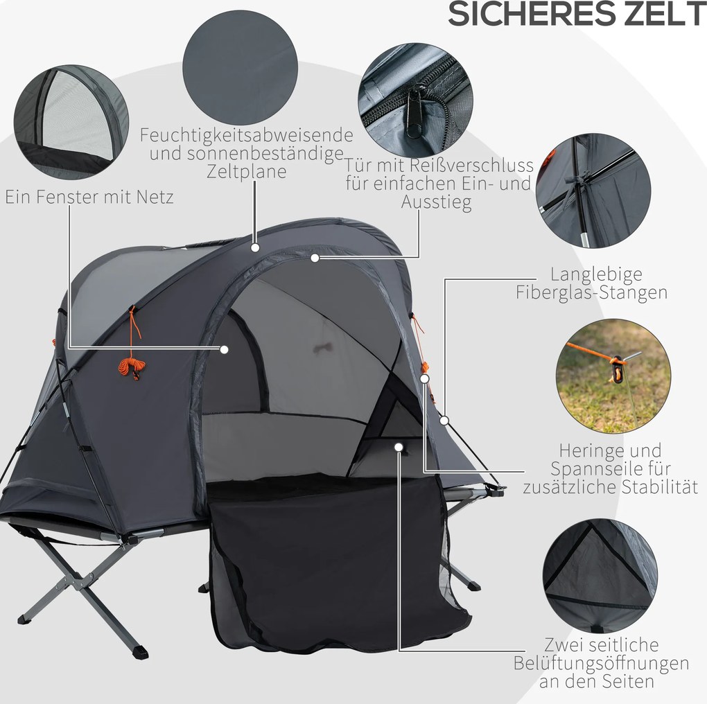 Outsunny łóżko kempingowe 1 osoba z materacem dmuchanym, kopułowy, szary 200x86x147 cm | Aosom PL