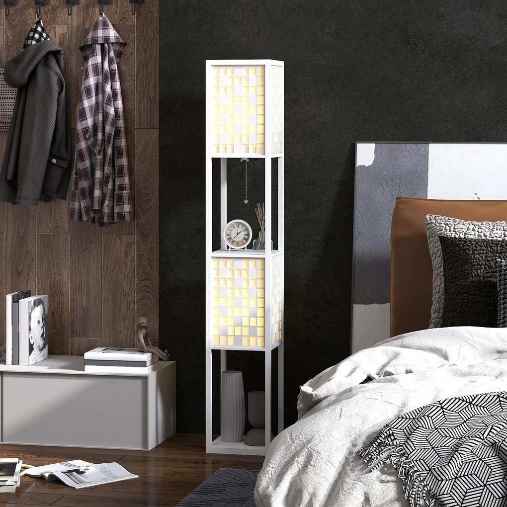 HOMCOM Lampa Podłogowa w Kratkę z 2-Poziomowymi Półkami, dla Różnych Żarówek, Biała