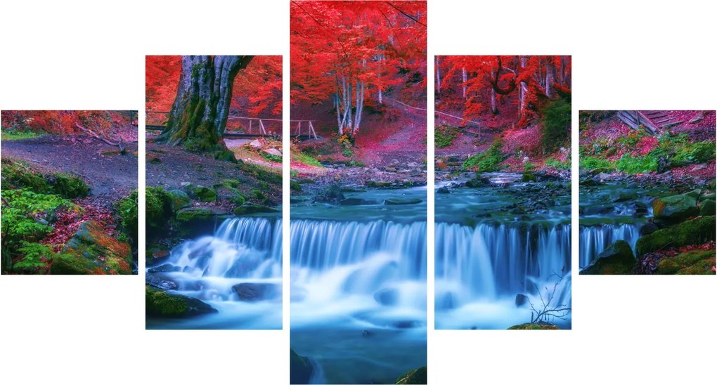 Obraz wodospadu w czerwonym lesie (125x70 cm)