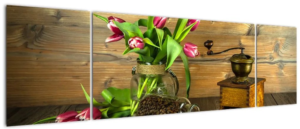 Obraz - tulipany, młynek i kawa (170x50 cm)