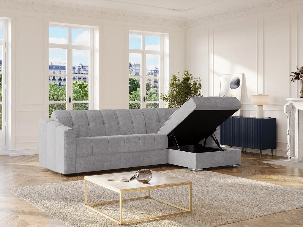 Kanapa narożna rozkładana typu express z teksturowanej tkaniny w kolorze jasnoszarym - Powierzchnia spania 140 cm - Materac 22 cm z pamięcią kształtu - DARIELO