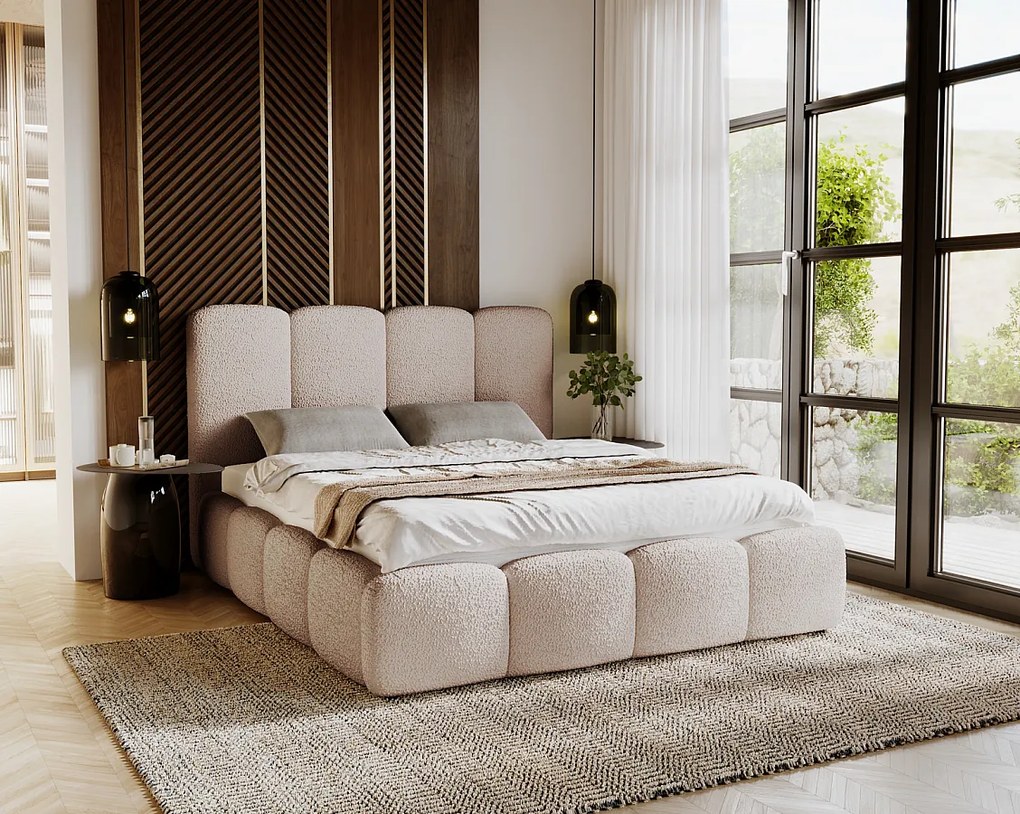 Emporius Merkad Boucle łóżko tapicerowane 160x200 - łóżko z pojemnikiem, gruba pianka, stelaż - elegancki design, tkanina boucle, beżowy (Anthology 3)