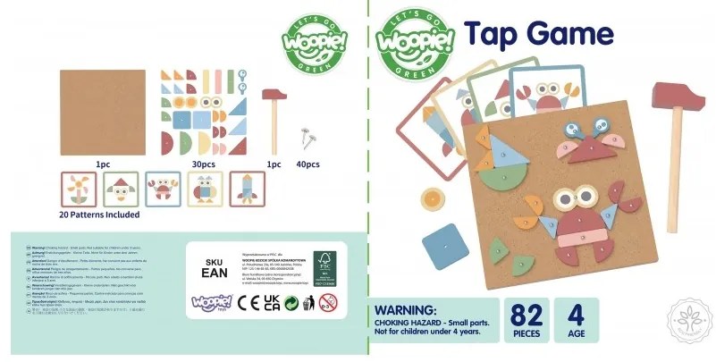 Woopie green drewniana przybijanka z młotkiem układanka 20 wzorów 82 el.