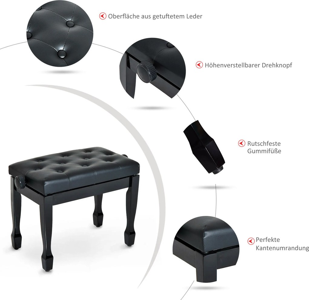 HOMCOM Stołek do Fortepianu Czarny Regulowana Wysokość Lite Drewno Sztuczna Skóra 64x35x45-55cm | Aosom PL