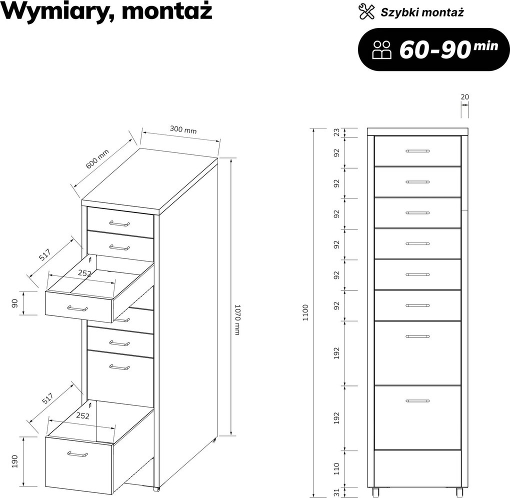Szafka kartotekowa na kółkach, metalowa, 8 szuflad, na dokumenty, biała, 300x1100x600 mm: SARA V8