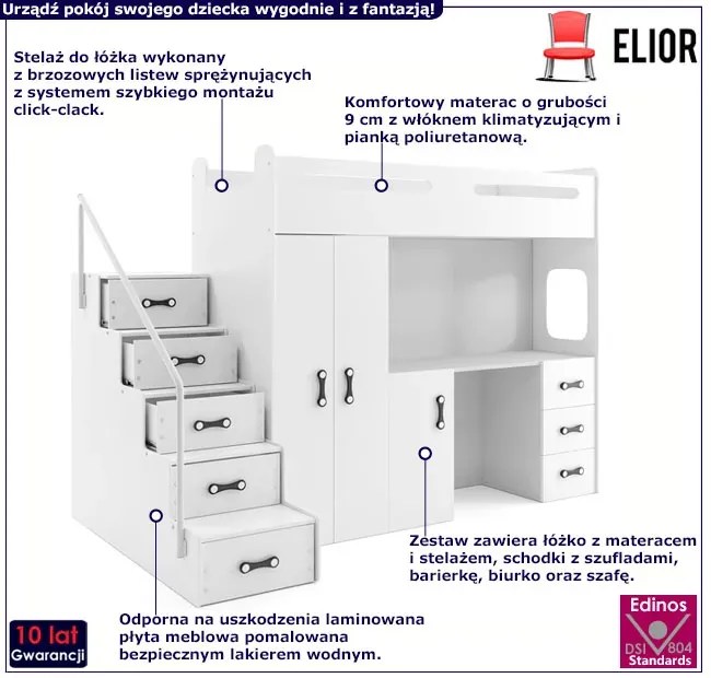 Białe dziecięce łóżko z szafą i biurkiem pod spodem - Awos