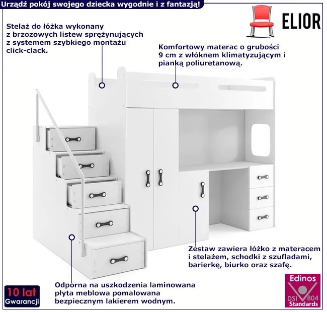 Białe dziecięce łóżko z szafą i biurkiem pod spodem - Mirida