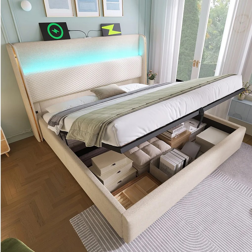 Łóżko z pojemnikiem 180x200 cm Łóżko podwójne z USB i LED, tapicerowany zagłówek - beżowy len (bez materaca)