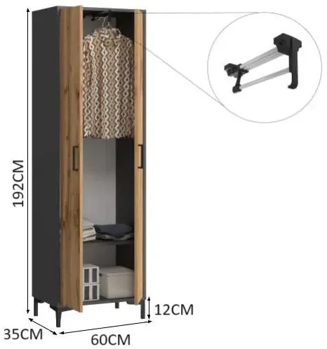 Dwudrzwiowa Szafa Na Ubrania Antracyt + Dąb Wotan E8-T26