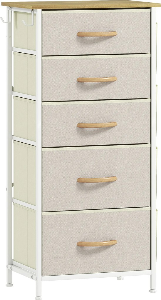 HOMCOM Komoda do sypialni z 5 materiałowymi szufladami, stalowymi wzmocnieniami, drewnianym blatem, 4 kieszeniami i 2 hakami, beżowa | Aosom PL