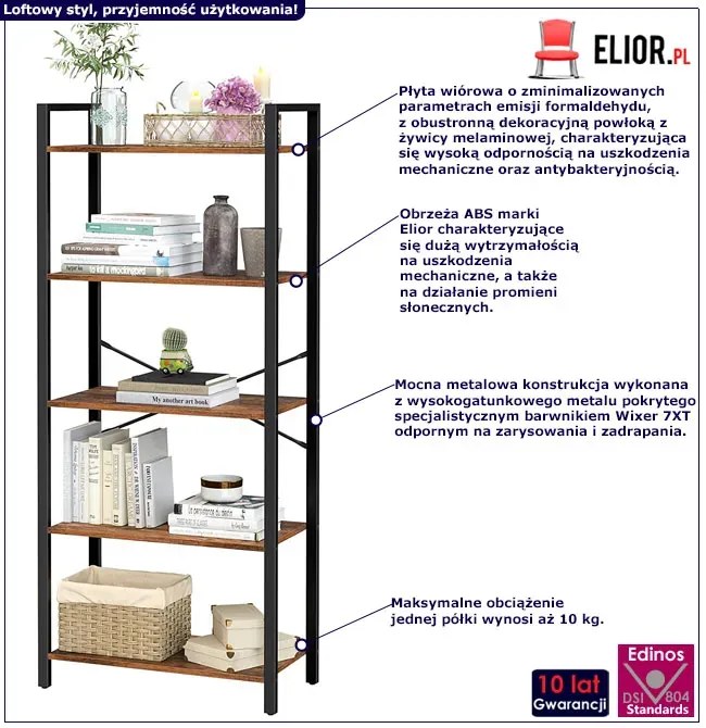 Loftowy regał do salonu z 5 półkami E8-P36