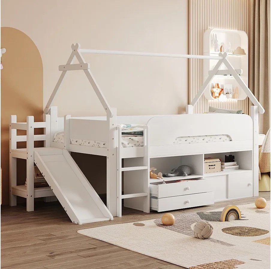 Łóżko dziecięce średniej wysokości - 90 x 200 cm - rama w kształcie dachu - z prowadnicą + szuflady - drewno - białe