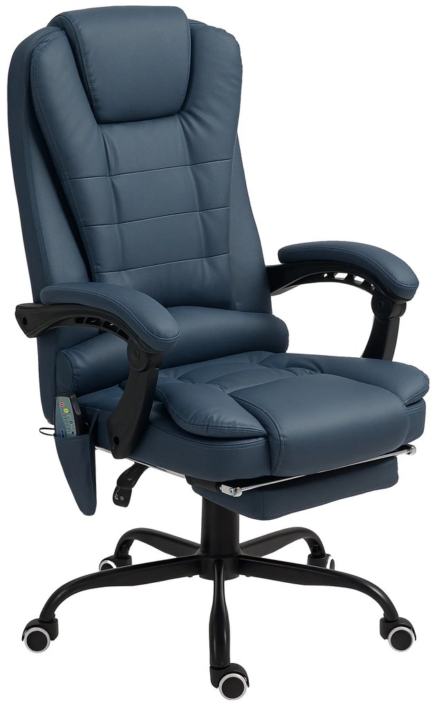 Vinsetto Fotel Biurowy z Masażem, 7 Punktów Wibracyjnych, Regulowany Podnóżek i Oparcie, do 120 kg, Wygląd Skóry, Niebieski