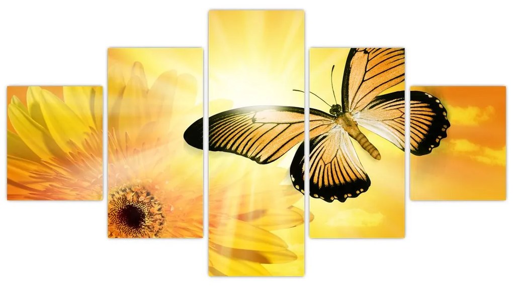 Obraz - Żółty motyl z kwiatkiem (125x70 cm)