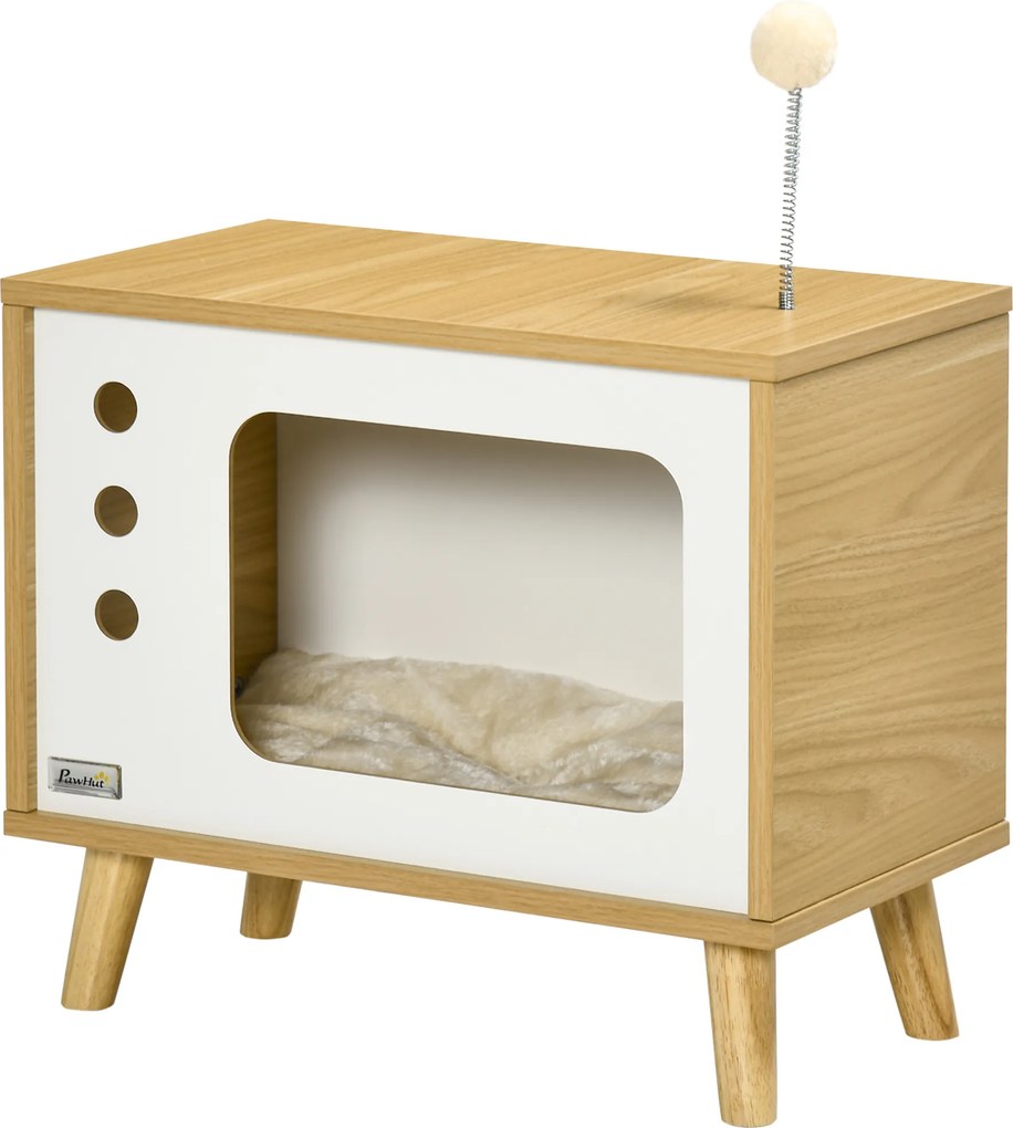 PawHut Legowisko dla kotów TV Design Zmywalna poduszka Zabawka Dąb Beż Bielszy 50x28x43cm | Aosom PL