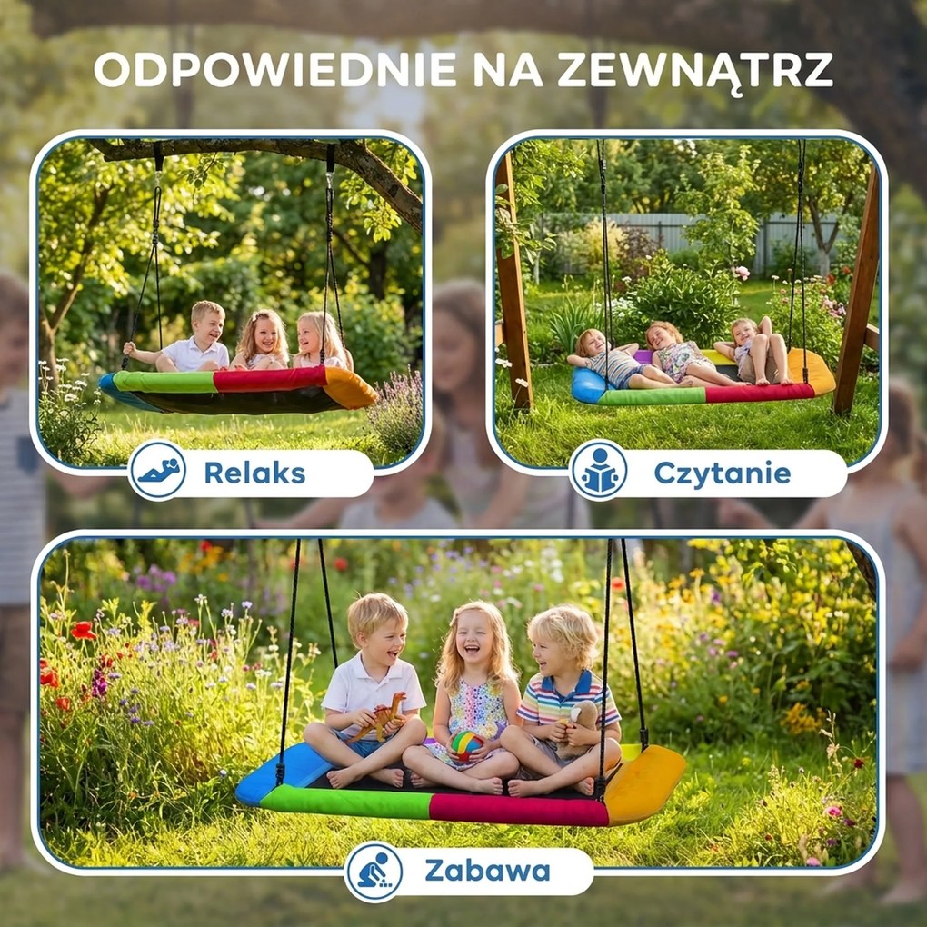 AIYAPLAY Huśtawka typu gniazdo regulowana do 300 kg z regulowanymi linami dla dzieci w wieku 3-8 lat 148x77x180 cm wielokolorowa | Aosom PL