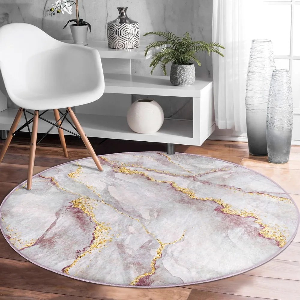 Jasnoróżowy/w kolorze złota okrągły dywan odpowiedni do prania ø 100 cm Marble – Mila Home