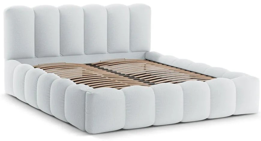 Jasnoszare tapicerowane łóżko dwuosobowe ze schowkiem i stelażem 200x200 cm Lupine – Micadoni