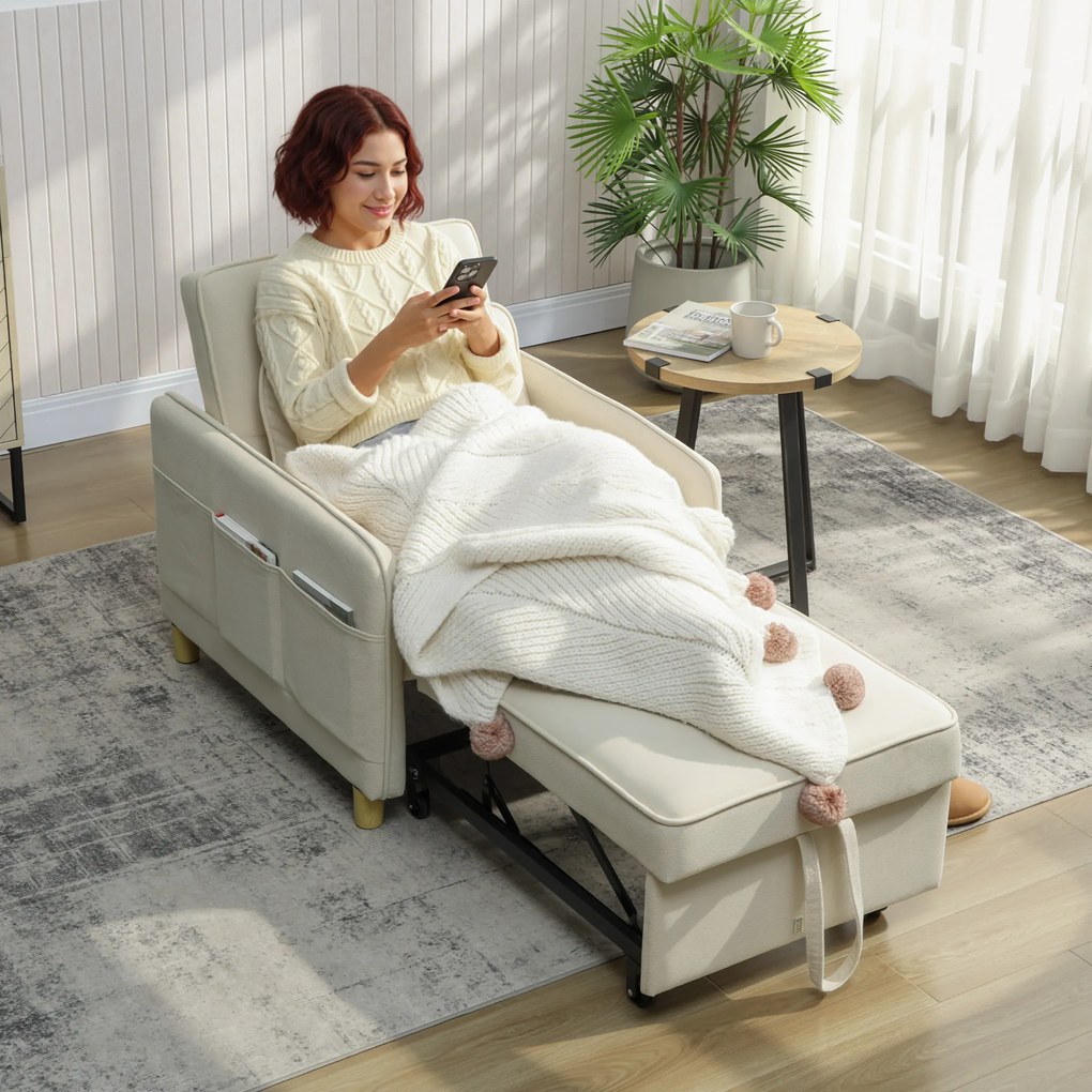 HOMCOM Fotel z funkcją spania 3 w 1, szerokie siedzisko do salonu, 85,5cm x 74cm x 82cm, beżowy | Aosom PL