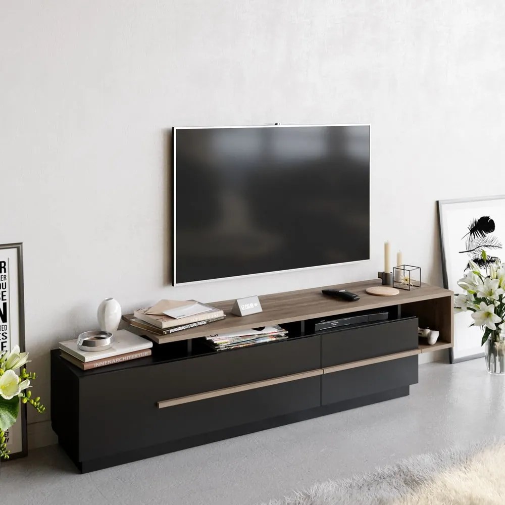 Czarna szafka pod TV w dekorze orzecha 180x46 cm Pia – Kalune Design