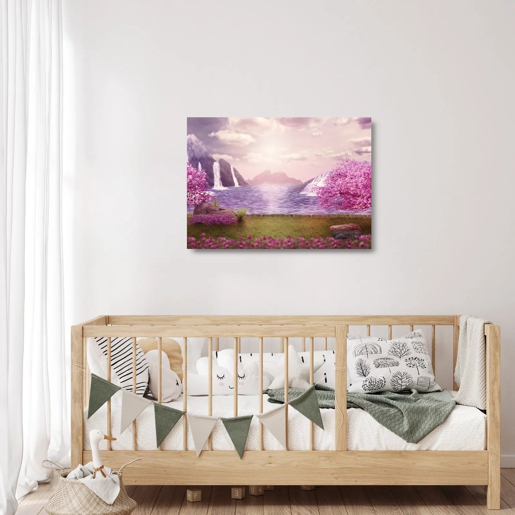 Obraz na szkle - różowe drzewa z jeziorem (70x50 cm)