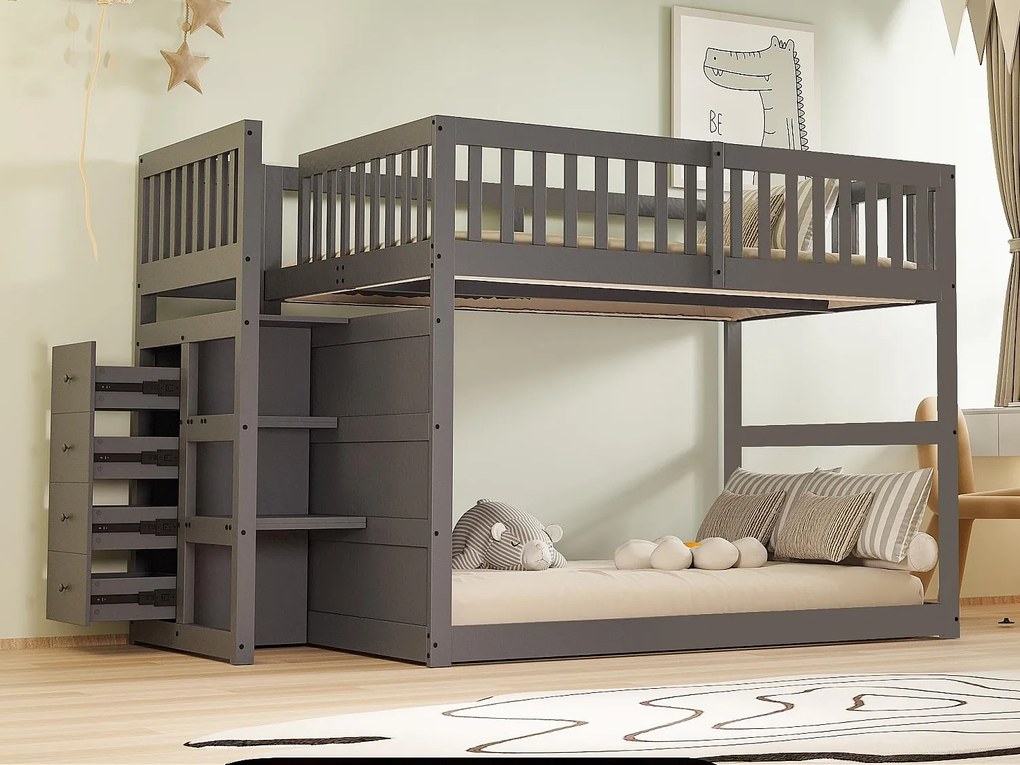 Łóżko piętrowe 140x200cm z litego drewna - z 4 szufladami bocznymi - Szare