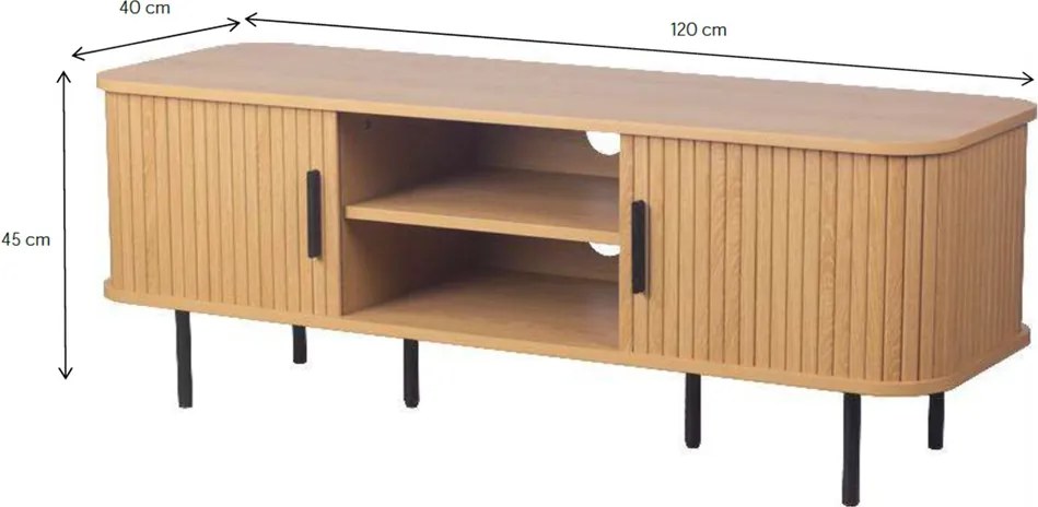 Ryflowana szafka RTV z drzwiami przesuwnymi Kasja 120 cm, kolor dąb