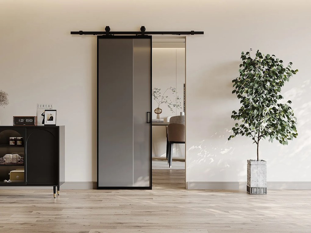 Drzwi przesuwne naścienne - aluminium i dymione szkło hartowane - wys. 205 x szer. 93 cm - LINCI II