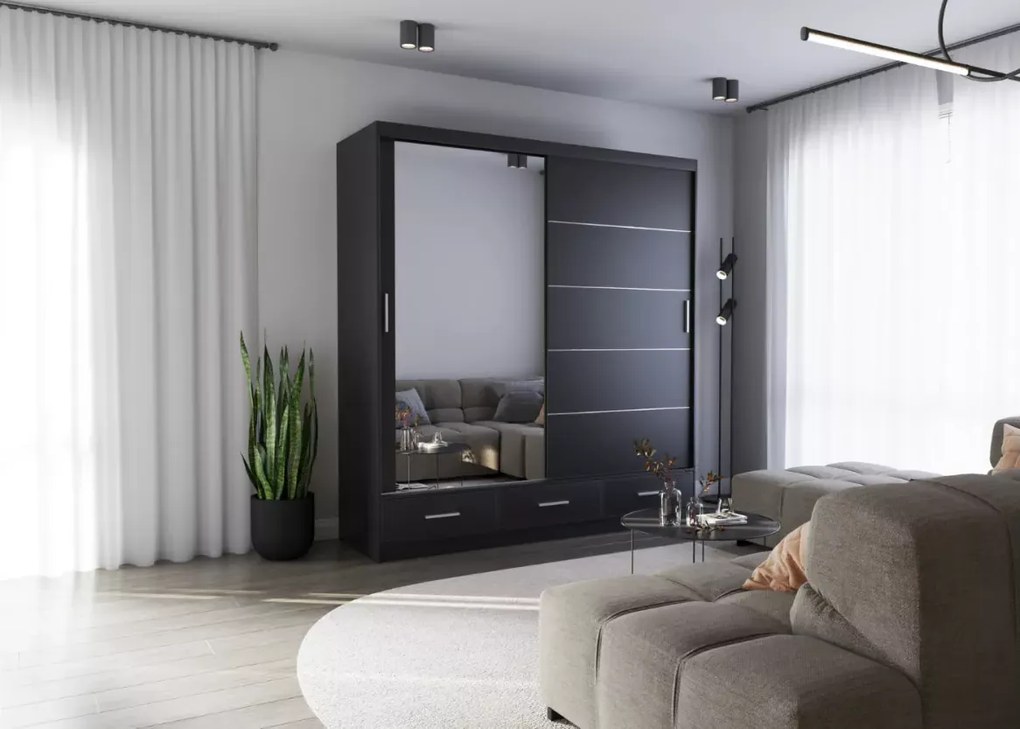 Szafa Lorenza 200 cm – nowoczesna szafa przesuwna z lustrem, 3 kolory mat i 2 połysk