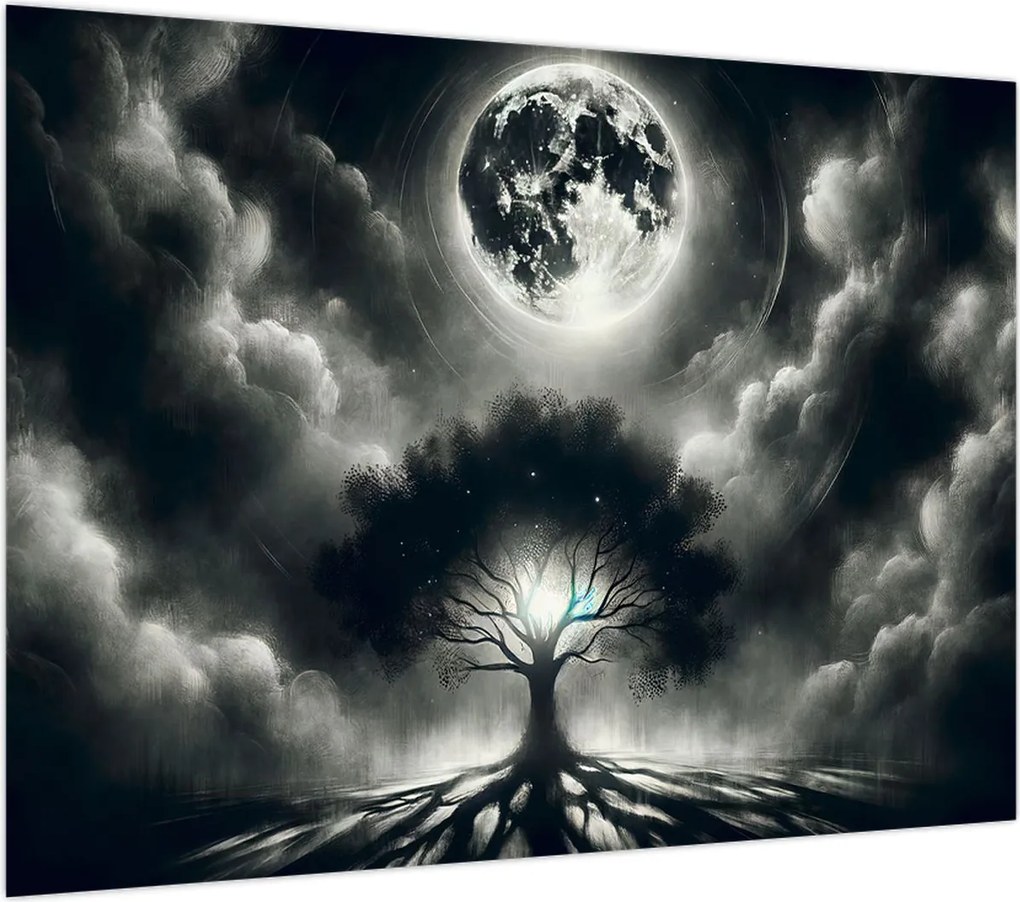 Obraz – Czarno-białe drzewo w pełni księżyca (70x50 cm)
