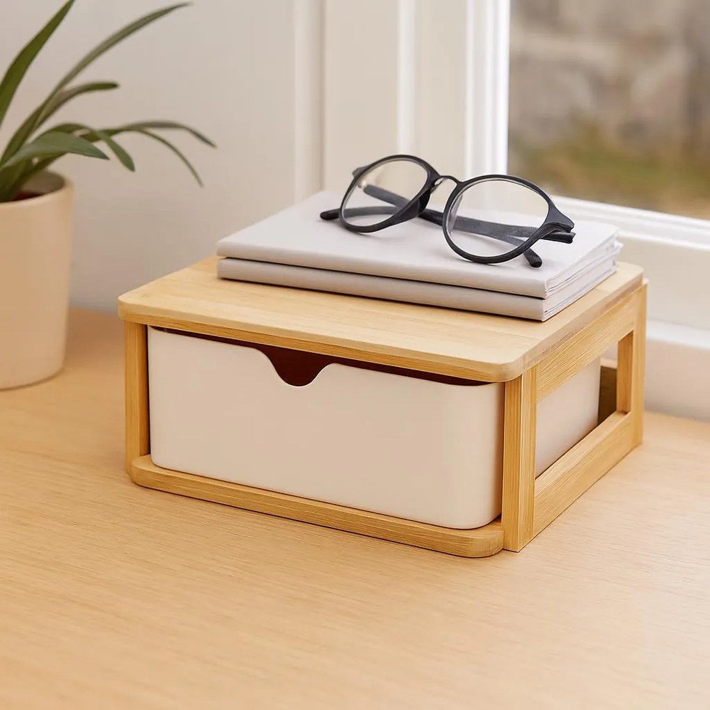 Organizer z szufladą VAKKO, bambus i melamina, 19,5 x 14,8 cm