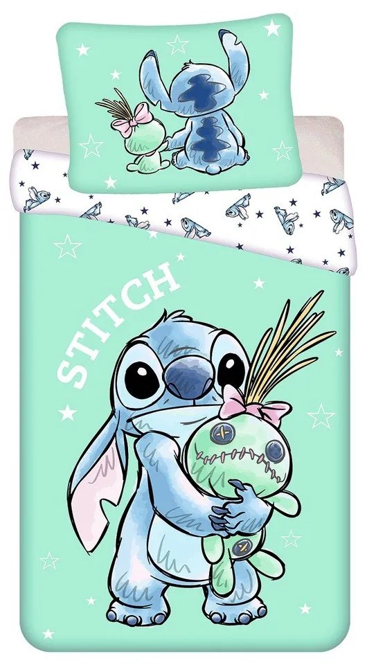 Miętowa bawełniana pościel dziecięca jednoosobowa 140x200 cm Lilo & Stitch "Buddies" – Jerry Fabrics