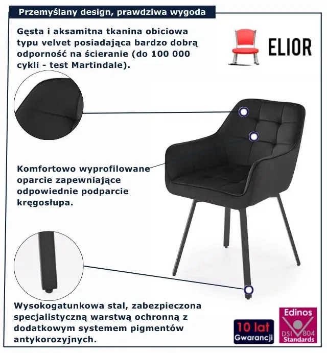 Pikowane welurowe czarne krzesło na metalowej podstawie D8-K22