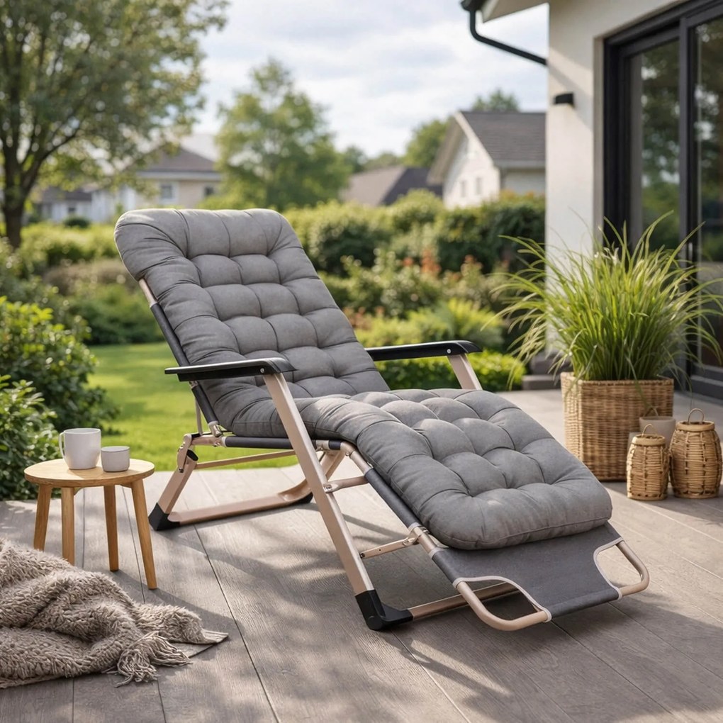 Leżak Ogrodowy Rozkładany Fotel EDISON Szary Poduszka
