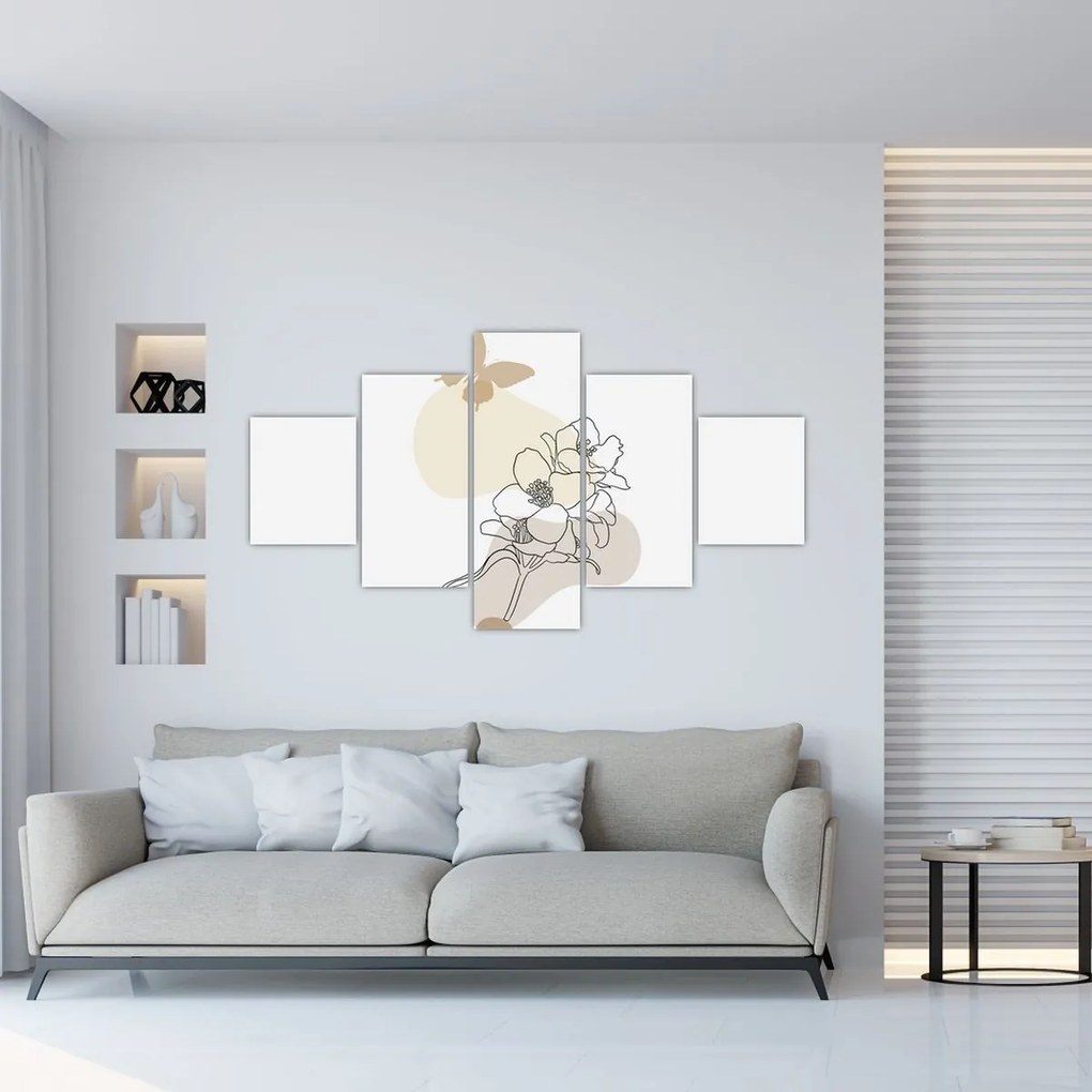 Obraz - Beżowe kwiaty z motylem N⁰3 (125x70 cm)