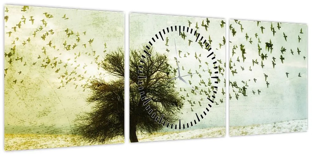 Obraz - Malowane stado ptaków (z zegarem) (90x30 cm)