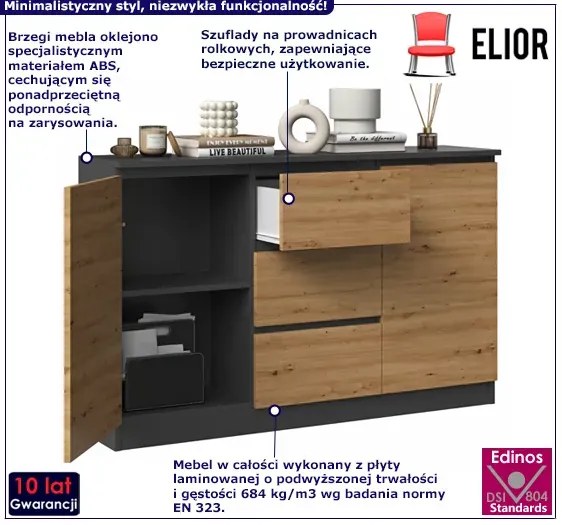 Komoda loft z szufladami i drzwiczkami antracyt + dąb artisan - Suso